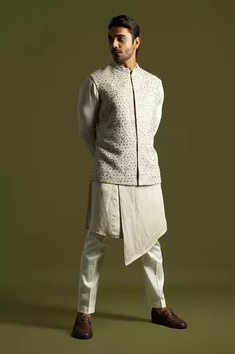 Grey embroidered bundi jacket set