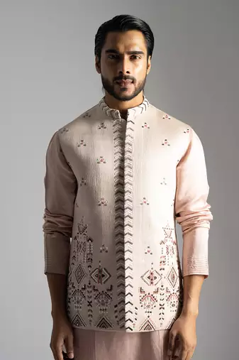 Dusty pink geometric thread work nehru jacket set