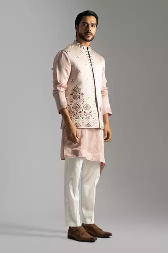 Dusty pink geometric thread work nehru jacket set