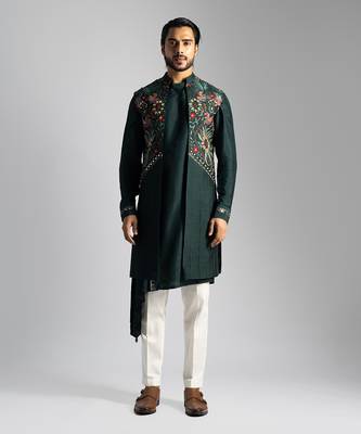 Emerald green long open nehru jacket set 1