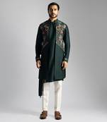 Emerald green long open nehru jacket set