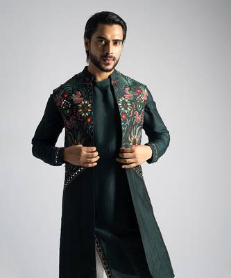Emerald green long open nehru jacket set 2