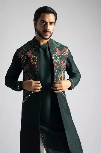 Emerald green long open nehru jacket set