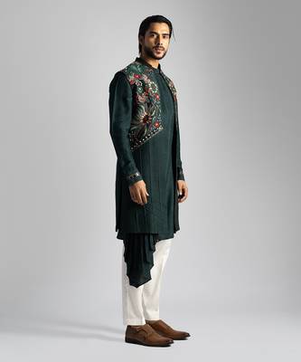 Emerald green long open nehru jacket set 3