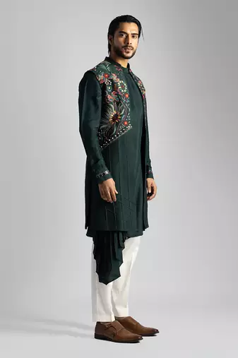 Emerald green long open nehru jacket set