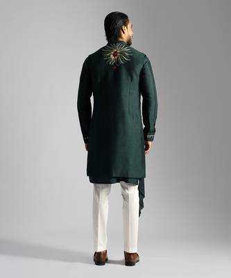 Emerald green long open nehru jacket set 4