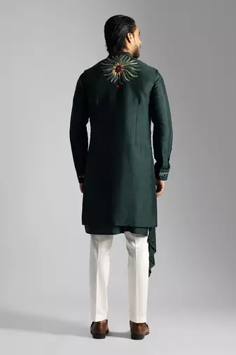 Emerald green long open nehru jacket set