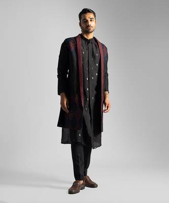 Dark brown open long nehru jacket set 1