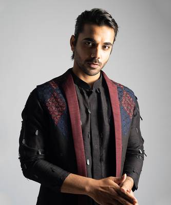 Dark brown open long nehru jacket set 2