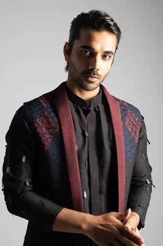 Dark brown open long nehru jacket set