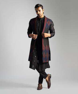 Dark brown open long nehru jacket set 3