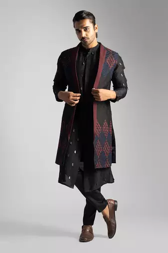 Dark brown open long nehru jacket set