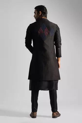 Dark brown open long nehru jacket set