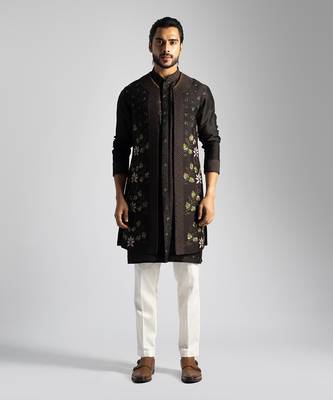 Dark brown embroidered open long nehru jacket set 1