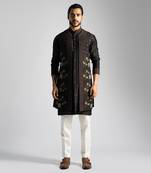 Dark brown embroidered open long nehru jacket set