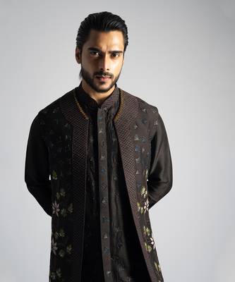 Dark brown embroidered open long nehru jacket set 2