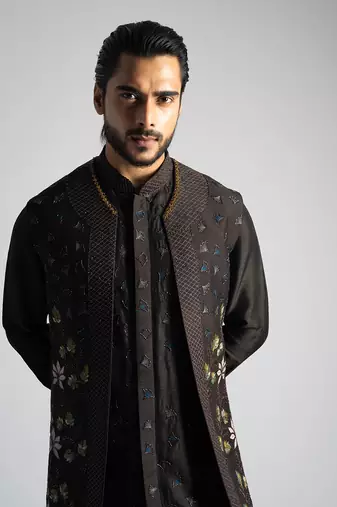 Dark brown embroidered open long nehru jacket set