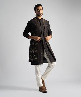 Dark brown embroidered open long nehru jacket set 3