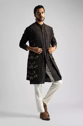 Dark brown embroidered open long nehru jacket set