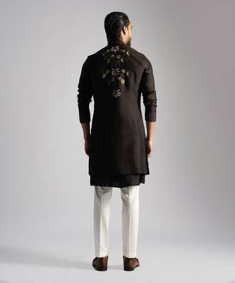 Dark brown embroidered open long nehru jacket set 4