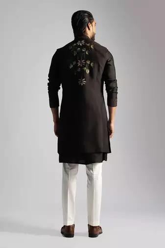 Dark brown embroidered open long nehru jacket set
