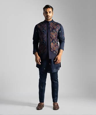 Navy blue multicolour embroidered nehru jacket set 1
