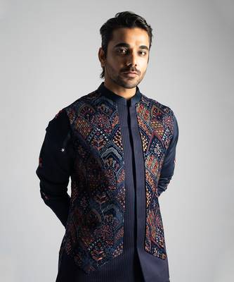 Navy blue multicolour embroidered nehru jacket set 2