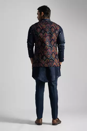 Navy blue multicolour embroidered nehru jacket set