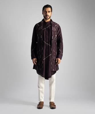 Plum thread work open long nehru jacket set 1