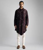 Plum thread work open long nehru jacket set