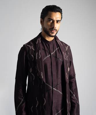 Plum thread work open long nehru jacket set 2
