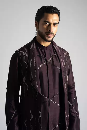 Plum thread work open long nehru jacket set