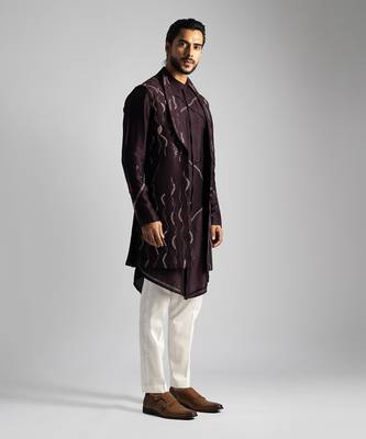 Plum thread work open long nehru jacket set 3