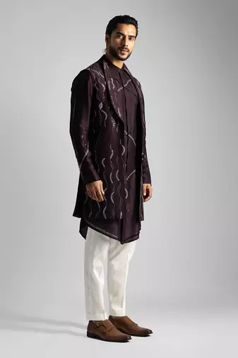 Plum thread work open long nehru jacket set