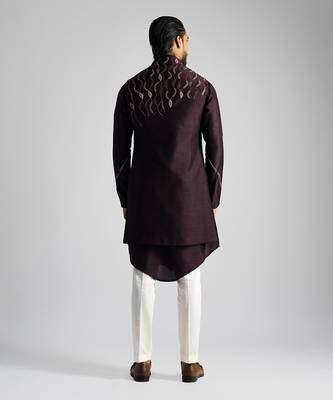 Plum thread work open long nehru jacket set 4
