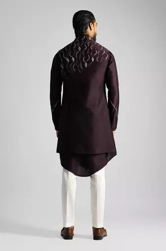 Plum thread work open long nehru jacket set