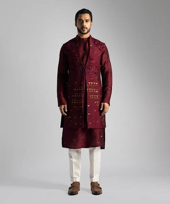 Deep red long nehru jacket set 1