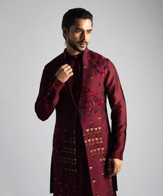 Deep red long nehru jacket set 2