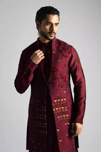 Deep red long nehru jacket set
