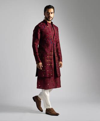 Deep red long nehru jacket set 3