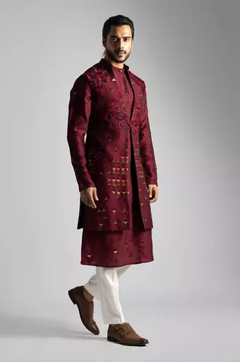 Deep red long nehru jacket set