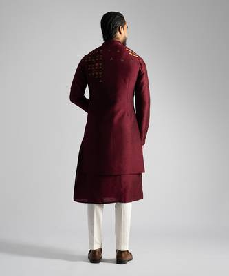Deep red long nehru jacket set 4