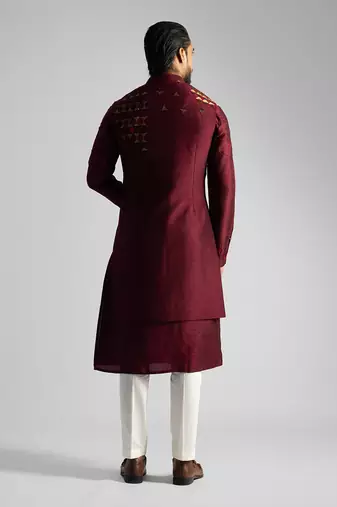 Deep red long nehru jacket set