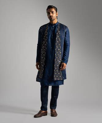 Blue mirrorwork long open nehru jacket set 1