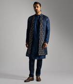 Blue mirrorwork long open nehru jacket set