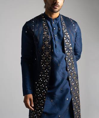 Blue mirrorwork long open nehru jacket set 2