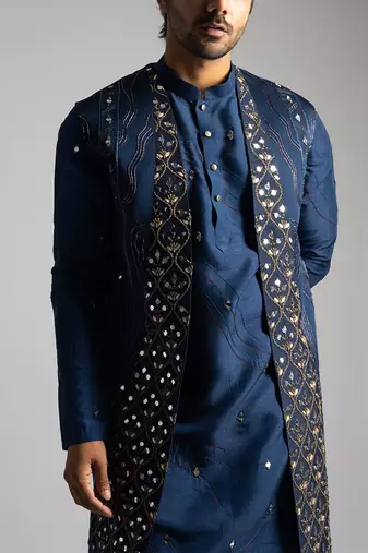 Blue mirrorwork long open nehru jacket set