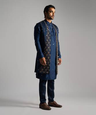 Blue mirrorwork long open nehru jacket set 3
