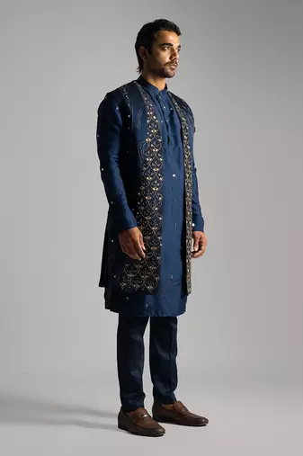 Blue mirrorwork long open nehru jacket set