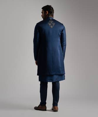 Blue mirrorwork long open nehru jacket set 4